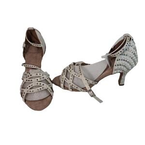 Rhinestone-Embellished Ivory Strappy Dance Heels
